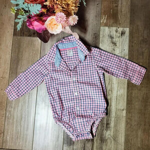 Carter's Baby Boy Size 9m Pink and Blue Plaid 100% Cotton Button Down Shirt
